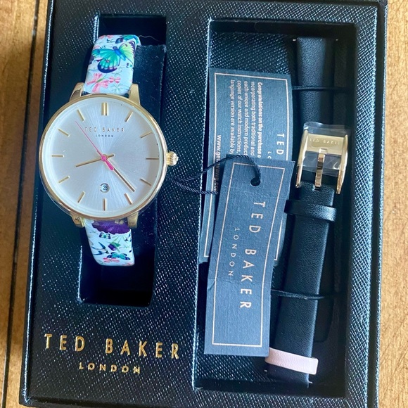 NWT Ted Baker London Women’s Floral &Black Leather Band Yellow Gold Anal… - Picture 1 of 5